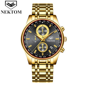 NEKTOM Men Watch Chronograph Sport Mens Watches Top Brand Luxury Waterproof Full Steel Quartz Gold Clock Men