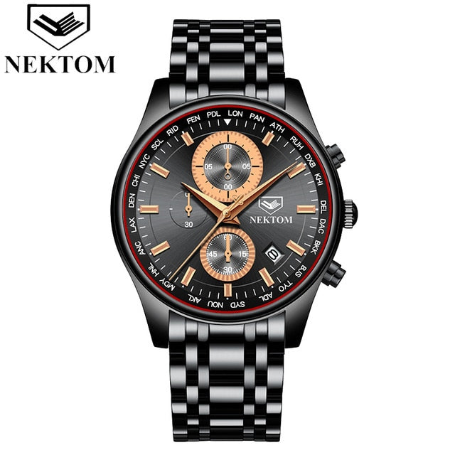 NEKTOM Men Watch Chronograph Sport Mens Watches Top Brand Luxury Waterproof Full Steel Quartz Gold Clock Men