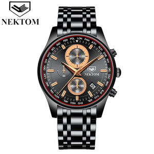 NEKTOM Men Watch Chronograph Sport Mens Watches Top Brand Luxury Waterproof Full Steel Quartz Gold Clock Men