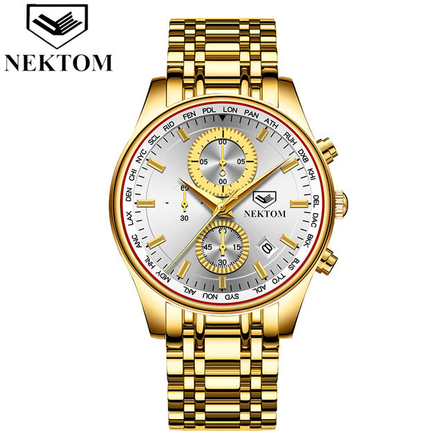 NEKTOM Men Watch Chronograph Sport Mens Watches Top Brand Luxury Waterproof Full Steel Quartz Gold Clock Men