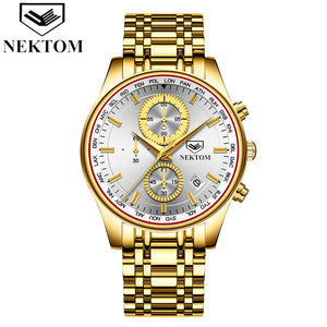 NEKTOM Men Watch Chronograph Sport Mens Watches Top Brand Luxury Waterproof Full Steel Quartz Gold Clock Men