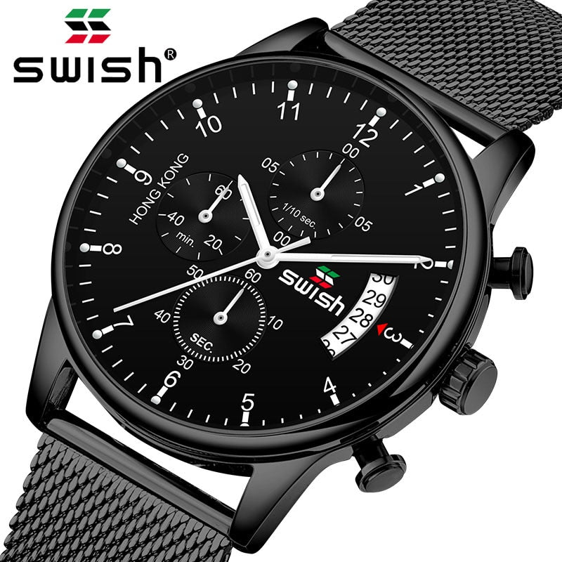 SWISH 2019 Top Brand Luxury Mens Watches Waterproof Stainless Steel Wristwatch Mens Chronograph Casual Quartz Watch